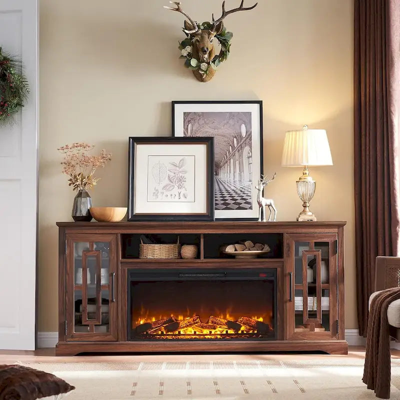 Mobile TV con caminetto e contenitore, per televisori fino a 80 pollici