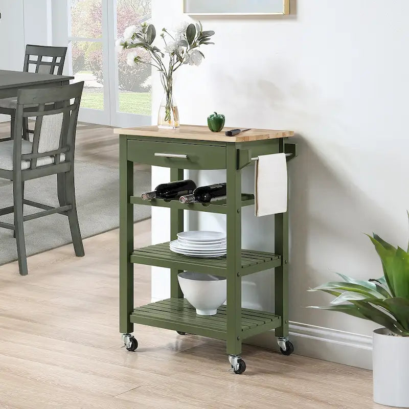 Carrello da Cucina a 4 Ripiani con Tagliere, Cassetto e Portabottiglie