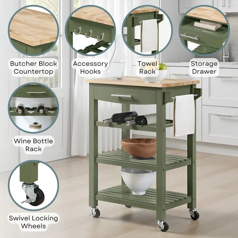 Carrello da Cucina a 4 Ripiani con Tagliere, Cassetto e Portabottiglie