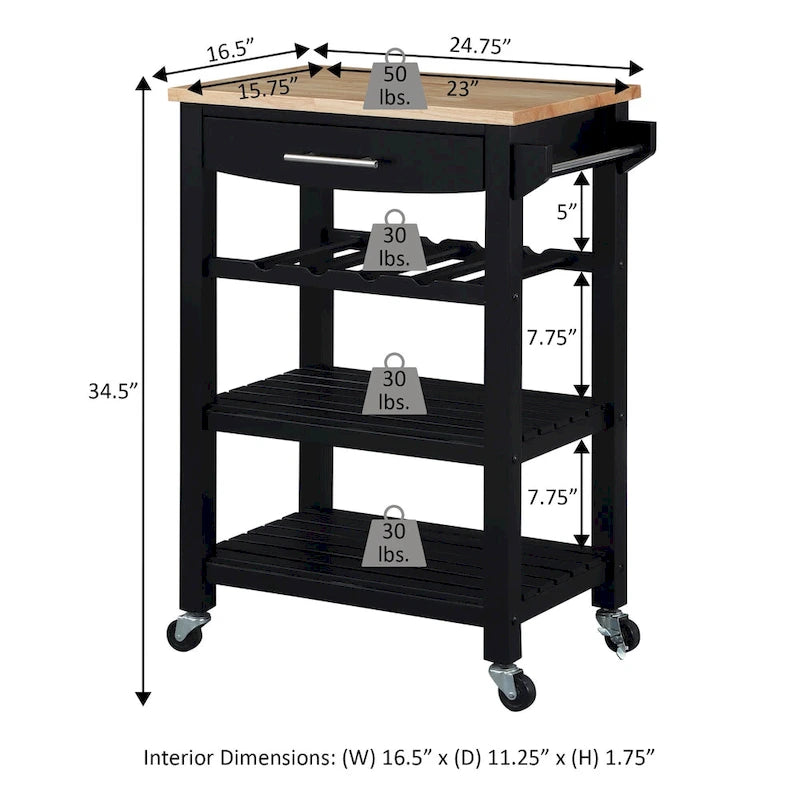 Carrello da Cucina a 4 Ripiani con Tagliere, Cassetto e Portabottiglie
