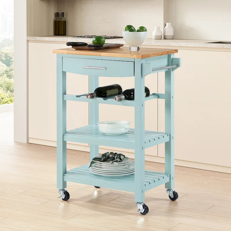 Carrello da Cucina a 4 Ripiani con Tagliere, Cassetto e Portabottiglie