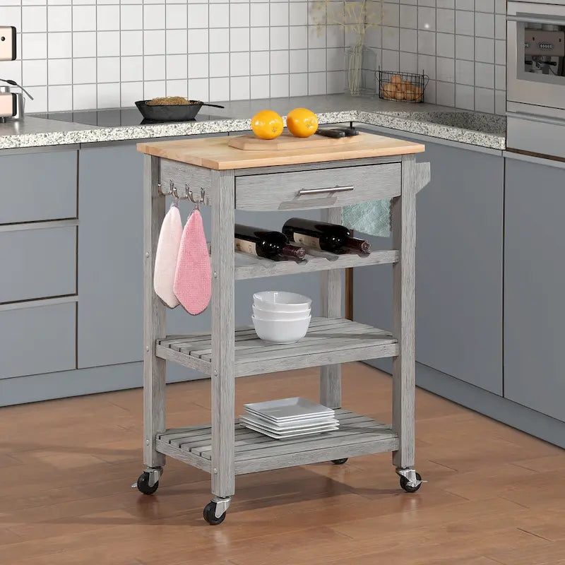 Carrello da Cucina a 4 Ripiani con Tagliere, Cassetto e Portabottiglie