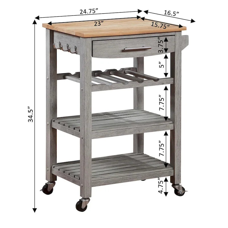 Carrello da Cucina a 4 Ripiani con Tagliere, Cassetto e Portabottiglie