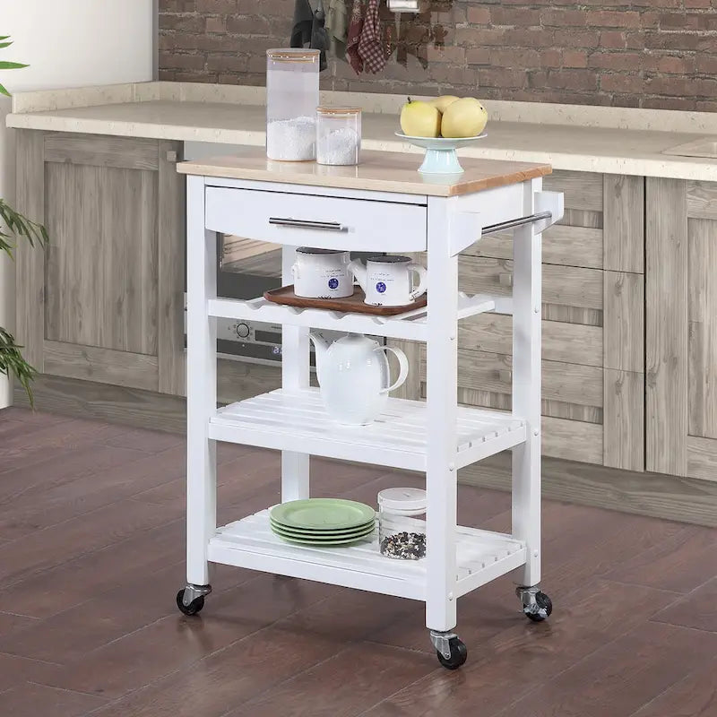 Carrello da Cucina a 4 Ripiani con Tagliere, Cassetto e Portabottiglie