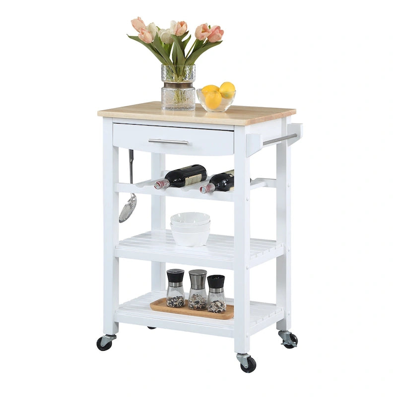 Carrello da Cucina a 4 Ripiani con Tagliere, Cassetto e Portabottiglie