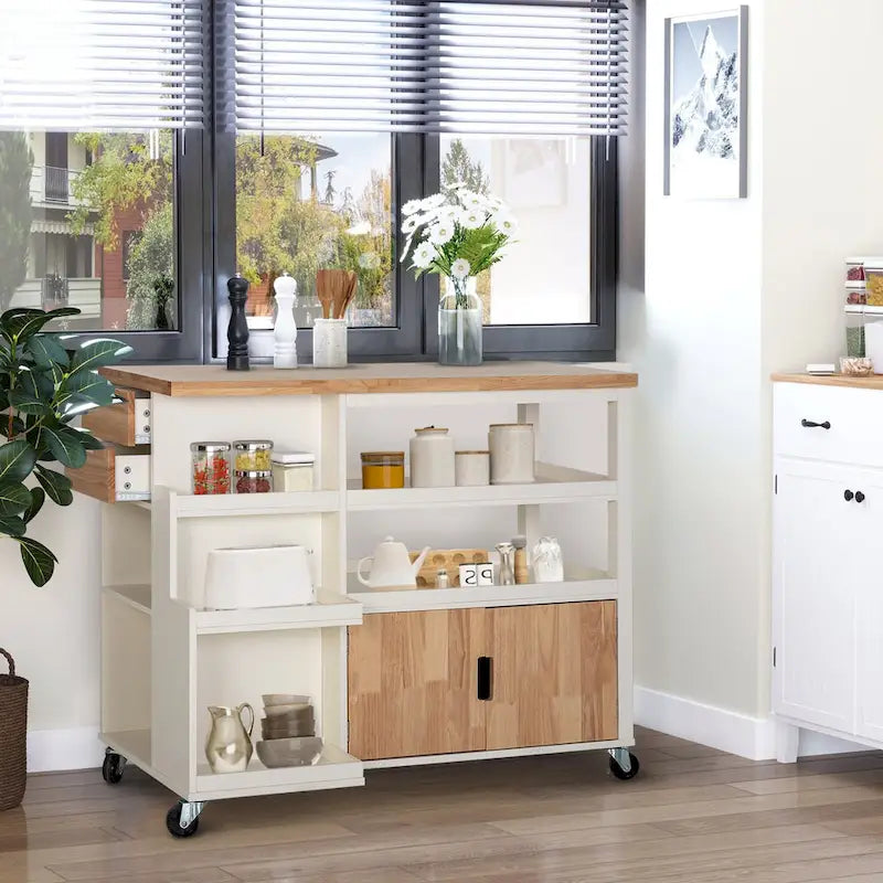 Carrello da cucina con piano in legno e cassetti