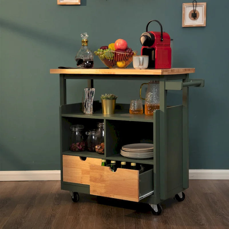 Carrello da cucina con piano in legno e cassetti