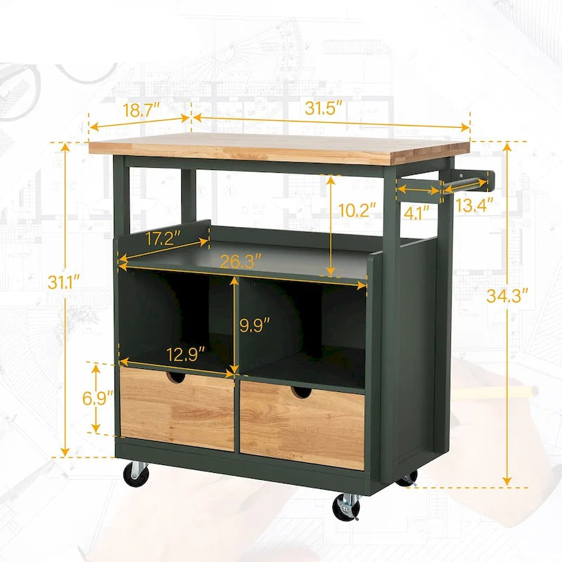 Carrello da cucina con piano in legno e cassetti