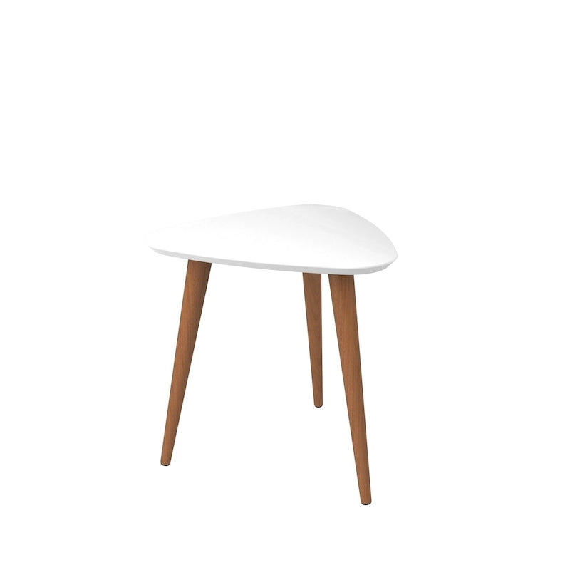 Tavolino triangolare con gambe divaricate in legno