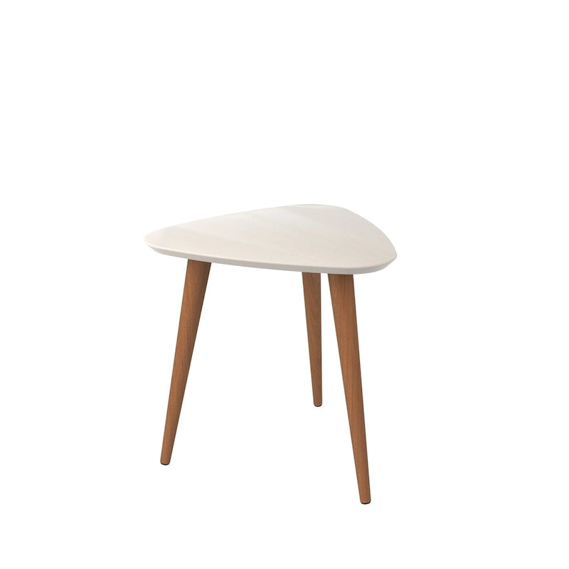 Tavolino triangolare con gambe divaricate in legno