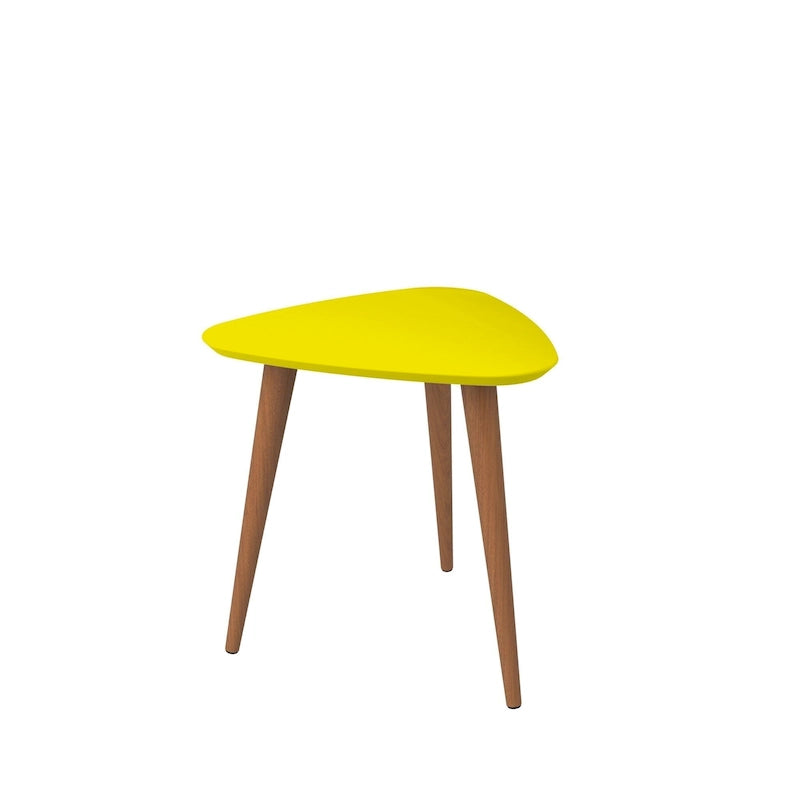 Tavolino triangolare con gambe divaricate in legno