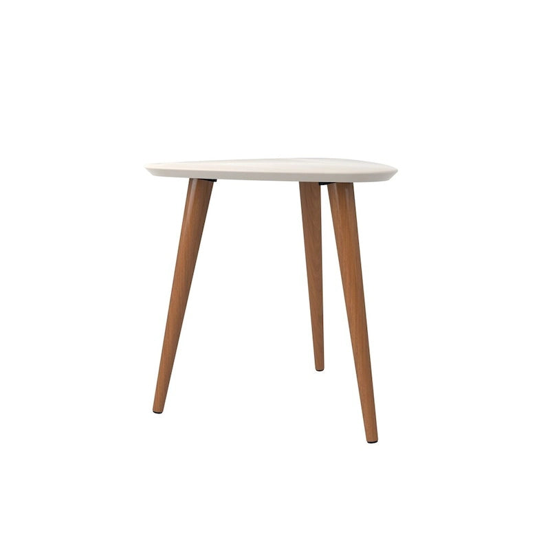 Tavolino triangolare con gambe divaricate in legno