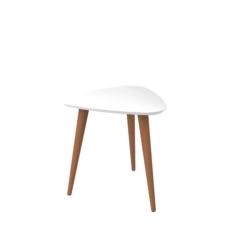 Tavolino triangolare con gambe divaricate in legno