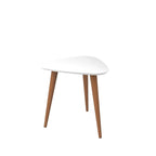 Tavolino triangolare con gambe divaricate in legno