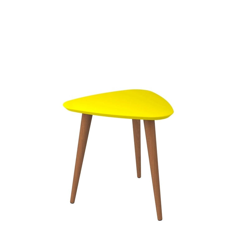 Tavolino triangolare con gambe divaricate in legno