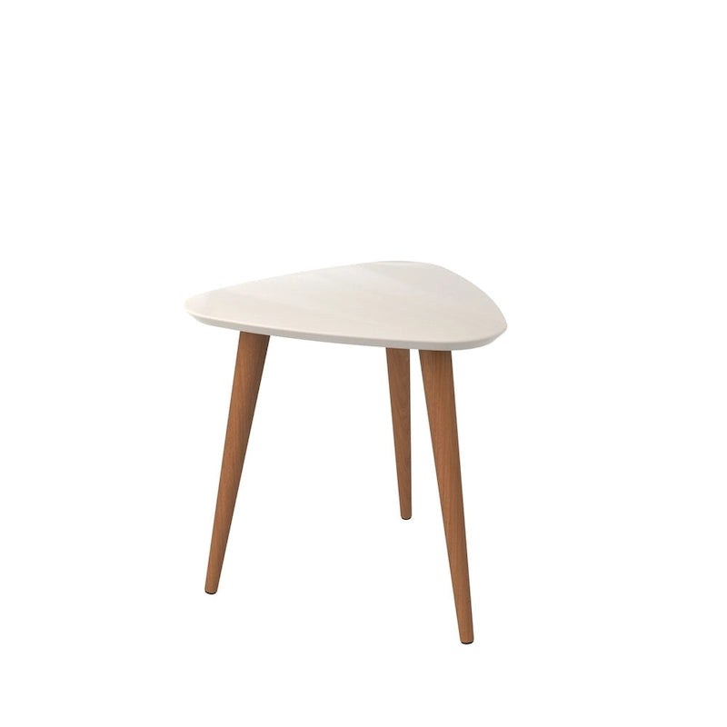 Tavolino triangolare con gambe divaricate in legno