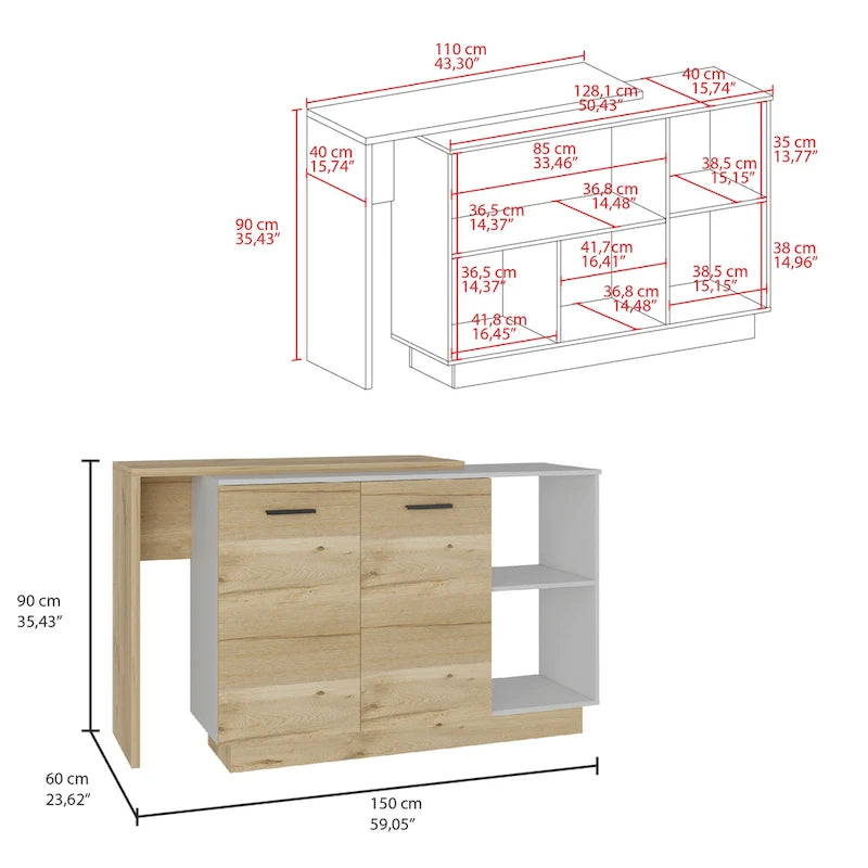 Sicilia Kitchen Island con 2 Ripiani Aperti, Armadio a Doppia Anta e 3 Ripiani Interni