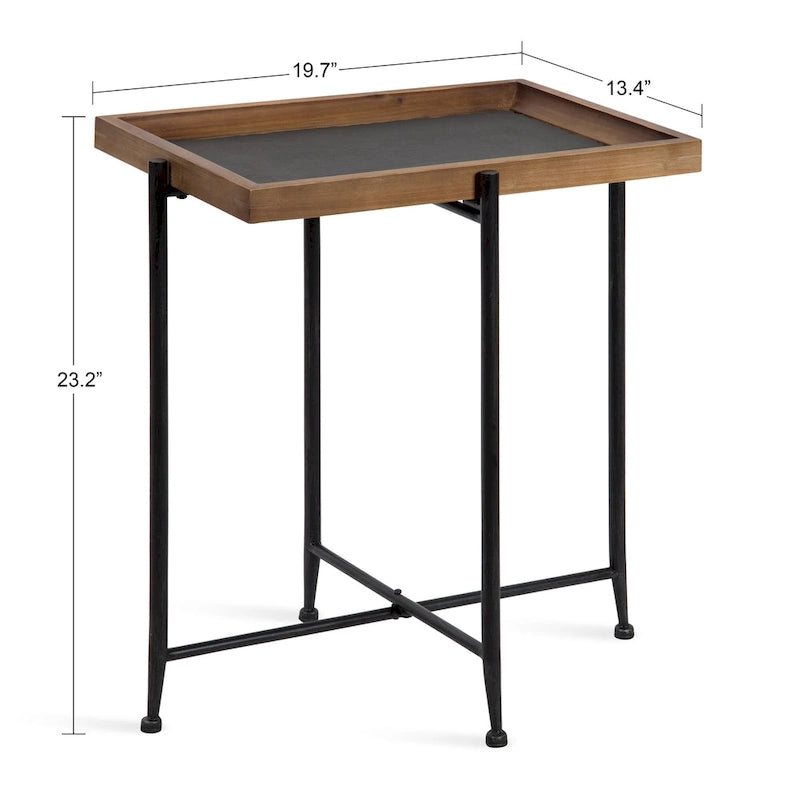 Tavolino d'appoggio in legno e ferro con piano in ardesia - 19.75x13.5x23.25