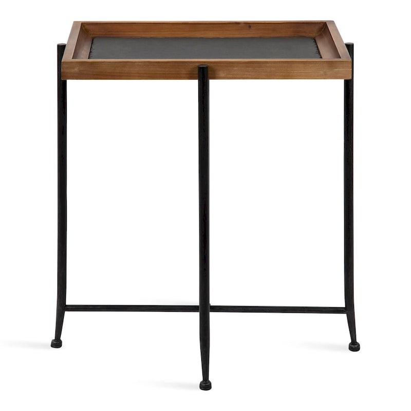 Tavolino d'appoggio in legno e ferro con piano in ardesia - 19.75x13.5x23.25