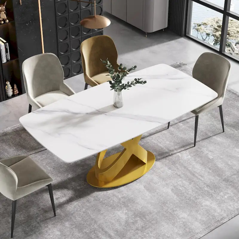 Tavolo da pranzo in pietra sinterizzata da 180 cm con base a piedistallo in metallo