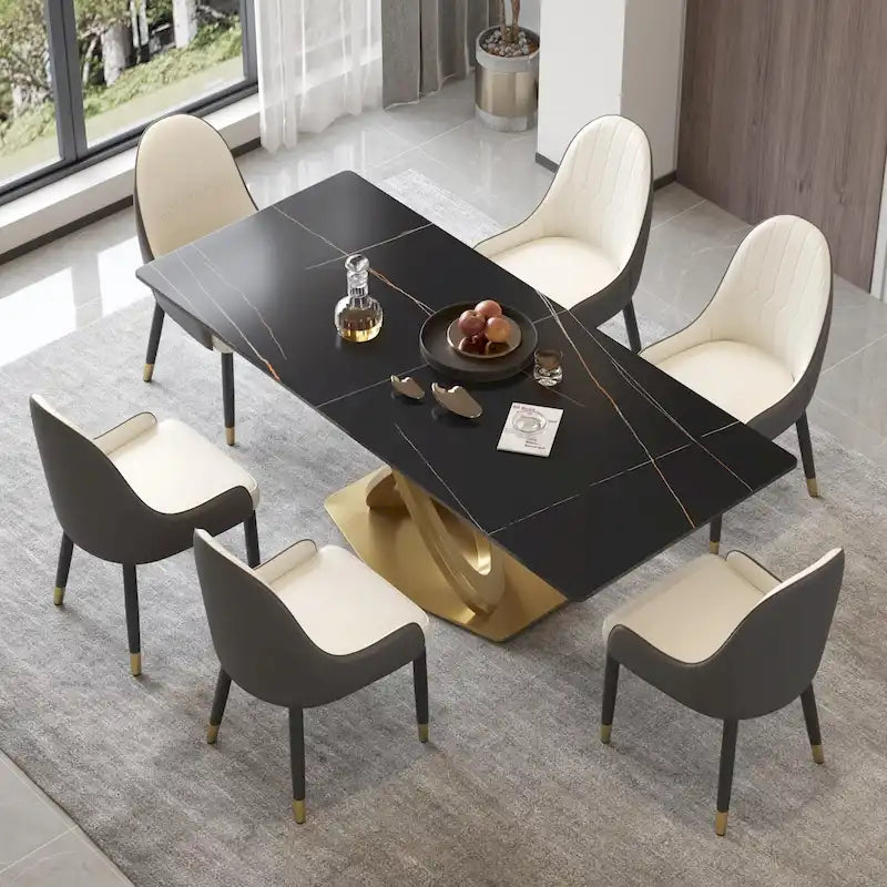 Tavolo da pranzo in pietra sinterizzata da 180 cm con base a piedistallo in metallo