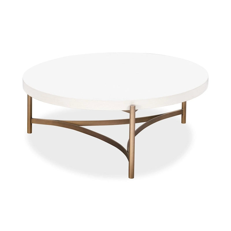 Tavolino da caffè rotondo da 46 pollici con piano in cemento bianco e base a treppiede in bronzo