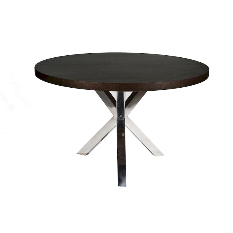 Tavolo da pranzo rotondo da 47 pollici con base in acciaio a X, legno marrone scuro
