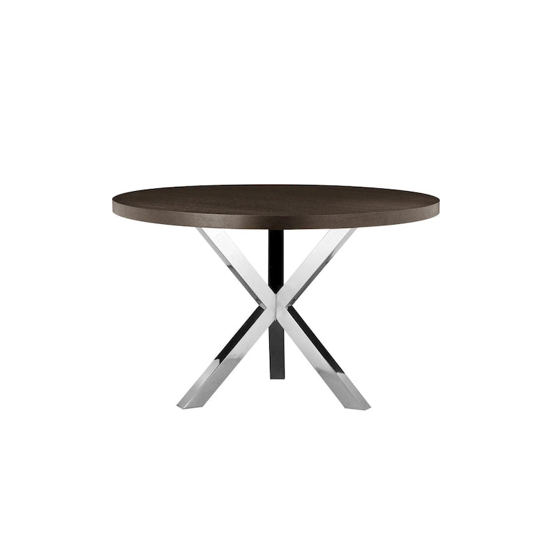 Tavolo da pranzo rotondo da 47 pollici con base in acciaio a X, legno marrone scuro