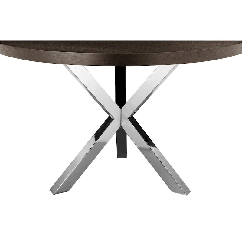 Tavolo da pranzo rotondo da 47 pollici con base in acciaio a X, legno marrone scuro