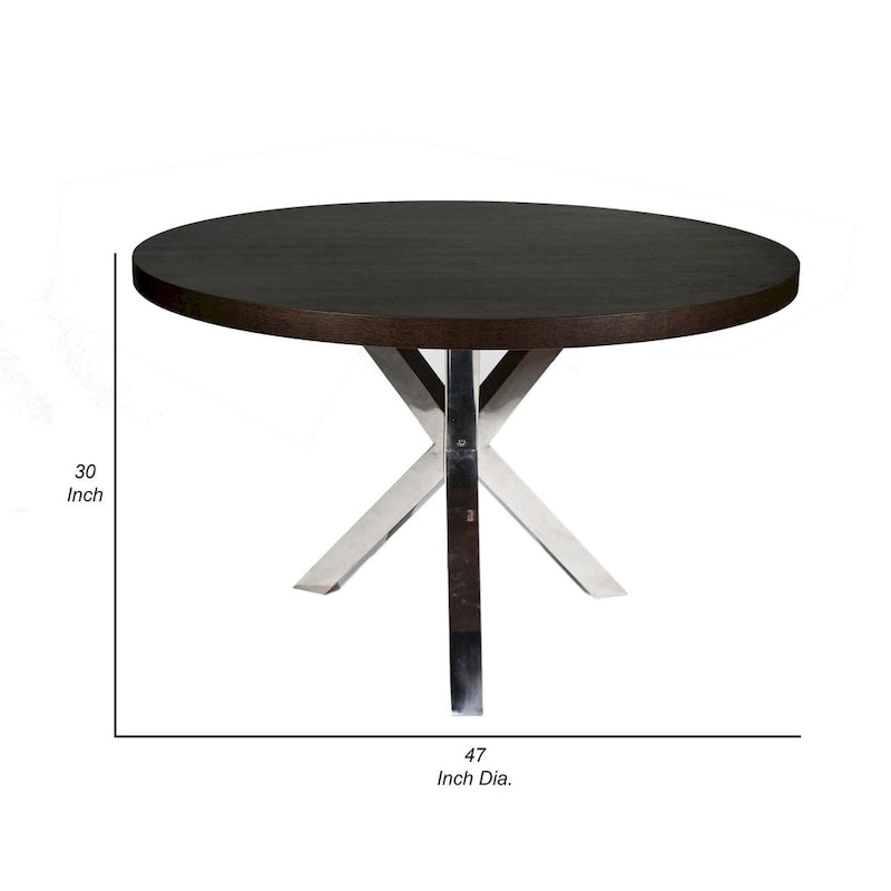 Tavolo da pranzo rotondo da 47 pollici con base in acciaio a X, legno marrone scuro