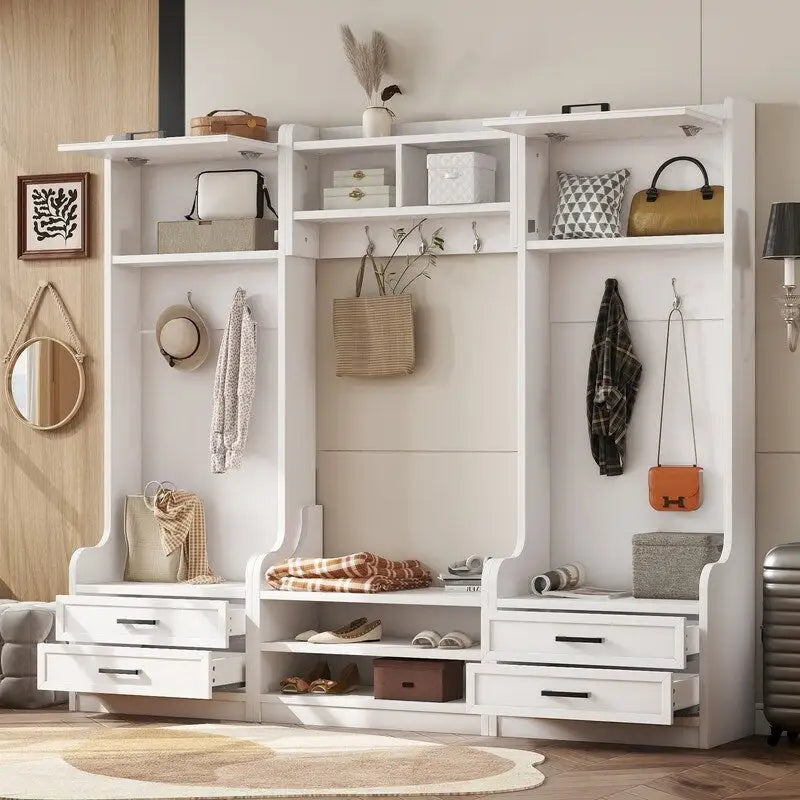 Mobile appendiabiti 4-in-1 staccabile con armadietti, cassetti, ganci e panca portascarpe