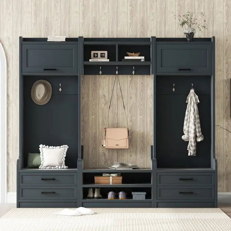 Mobile appendiabiti 4-in-1 staccabile con armadietti, cassetti, ganci e panca portascarpe