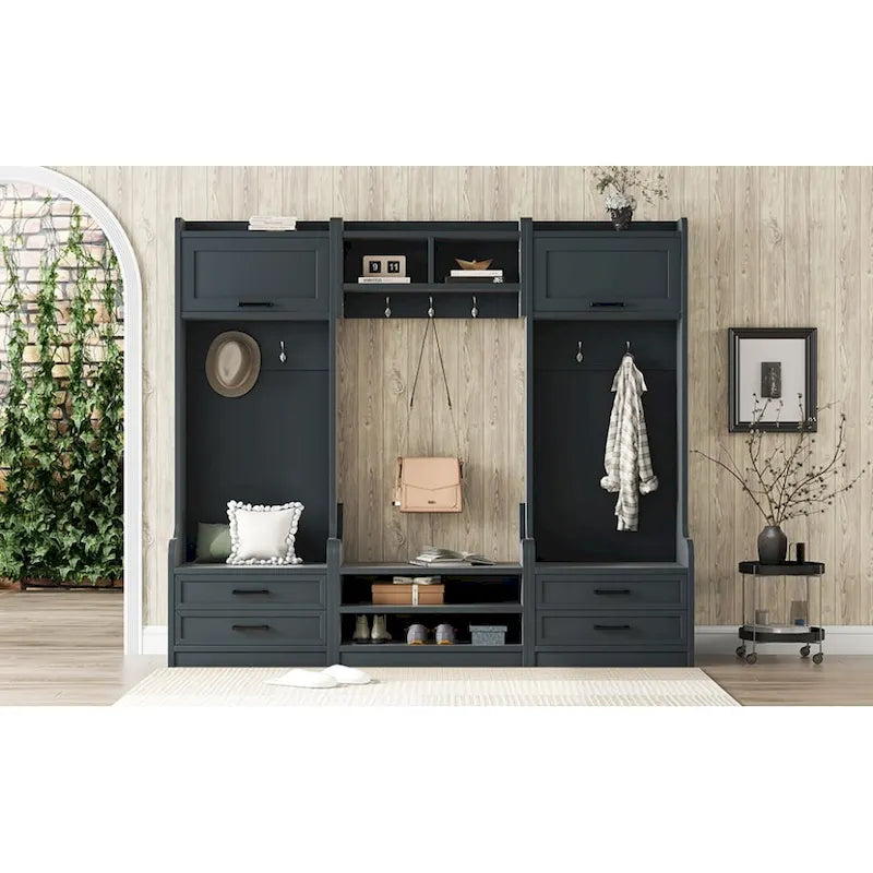 Mobile appendiabiti 4-in-1 staccabile con armadietti, cassetti, ganci e panca portascarpe