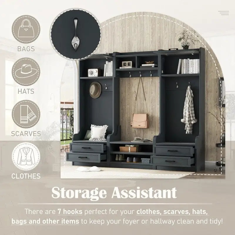 Mobile appendiabiti 4-in-1 staccabile con armadietti, cassetti, ganci e panca portascarpe
