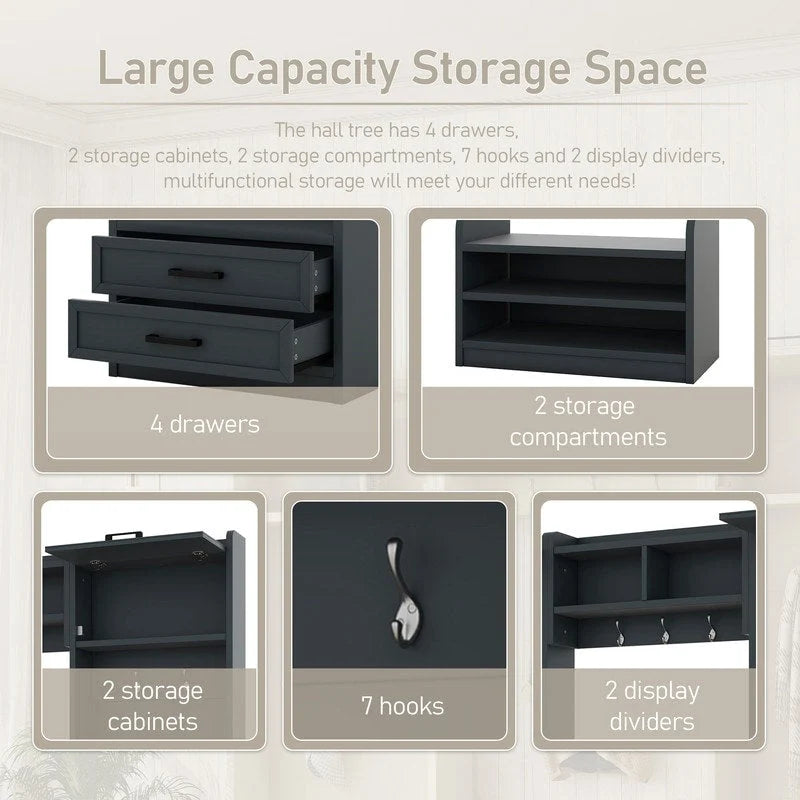 Mobile appendiabiti 4-in-1 staccabile con armadietti, cassetti, ganci e panca portascarpe