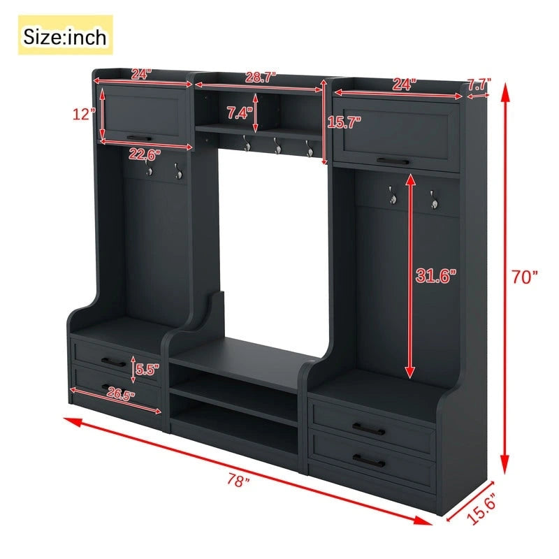 Mobile appendiabiti 4-in-1 staccabile con armadietti, cassetti, ganci e panca portascarpe