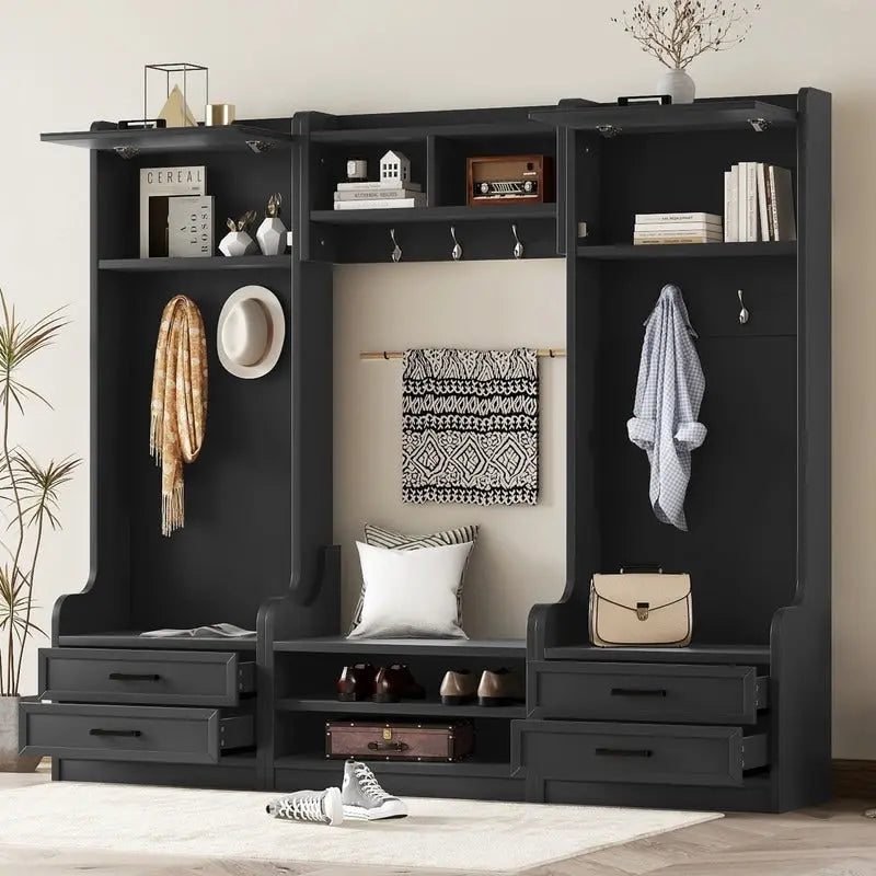 Mobile appendiabiti 4-in-1 staccabile con armadietti, cassetti, ganci e panca portascarpe