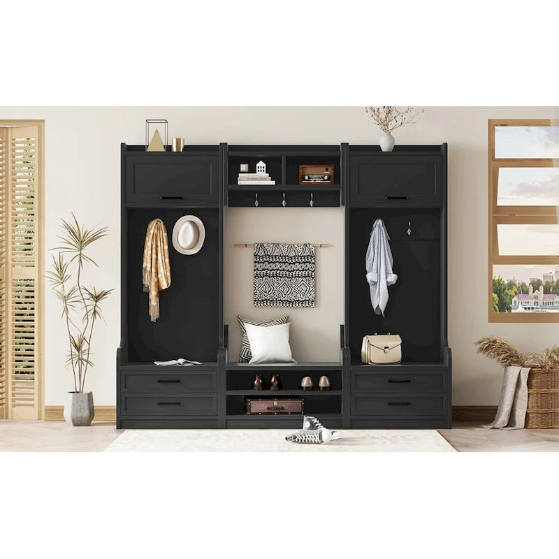 Mobile appendiabiti 4-in-1 staccabile con armadietti, cassetti, ganci e panca portascarpe