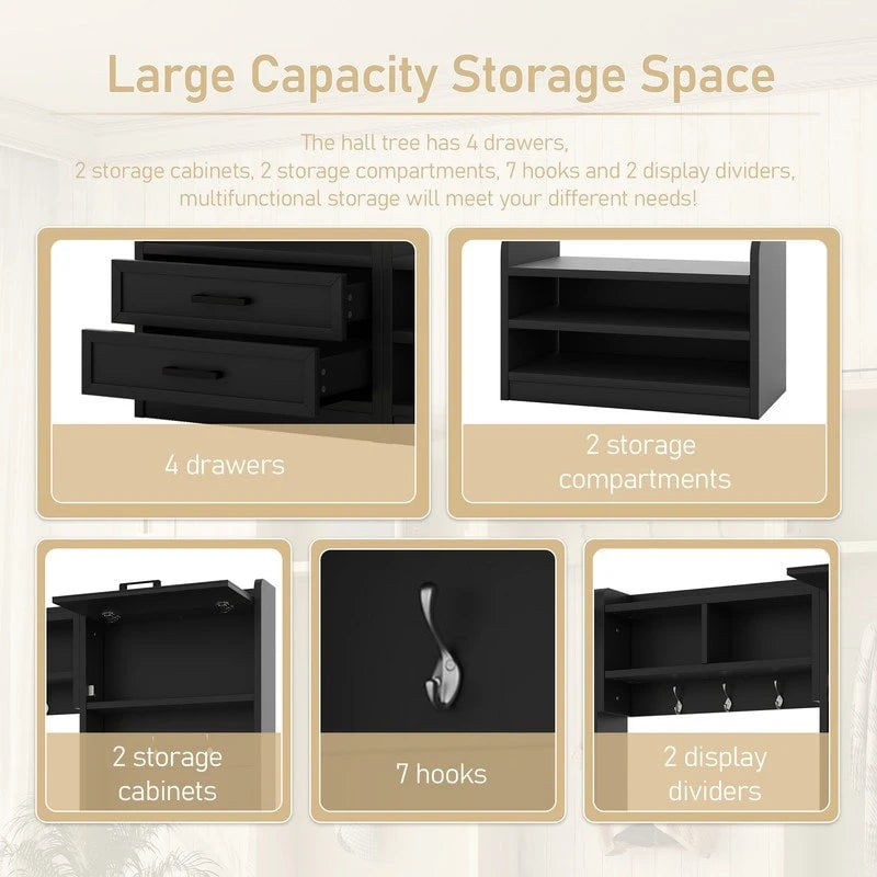 Mobile appendiabiti 4-in-1 staccabile con armadietti, cassetti, ganci e panca portascarpe