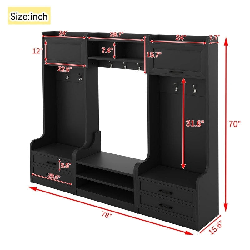 Mobile appendiabiti 4-in-1 staccabile con armadietti, cassetti, ganci e panca portascarpe