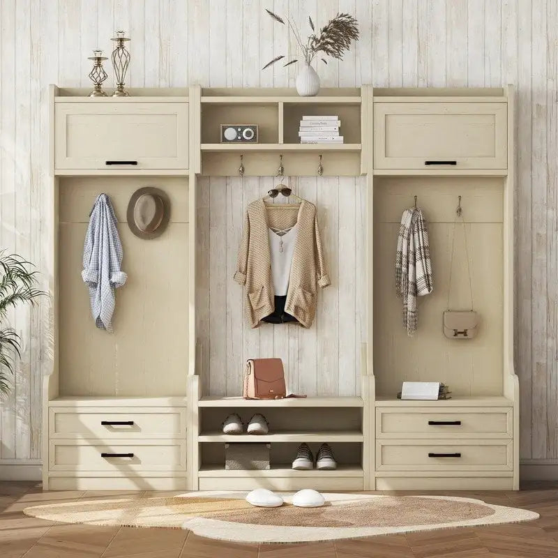Mobile appendiabiti 4-in-1 staccabile con armadietti, cassetti, ganci e panca portascarpe
