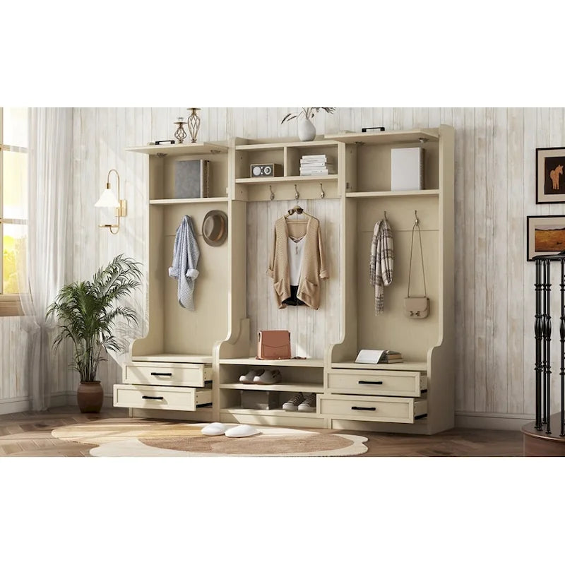 Mobile appendiabiti 4-in-1 staccabile con armadietti, cassetti, ganci e panca portascarpe