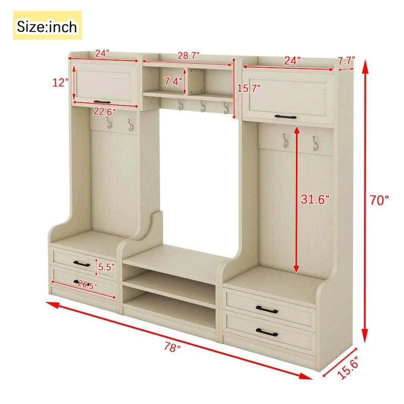 Mobile appendiabiti 4-in-1 staccabile con armadietti, cassetti, ganci e panca portascarpe